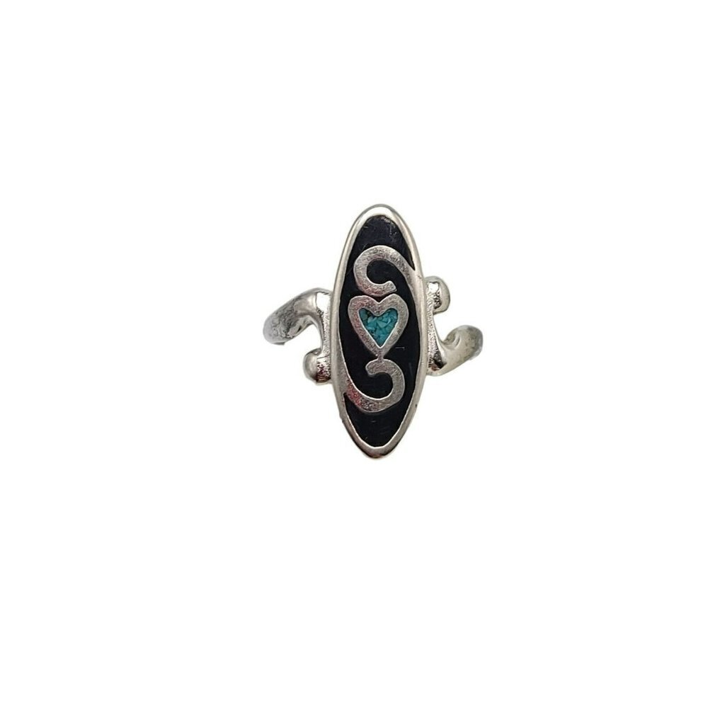 Sterling Silver Blue Turquoise Chip Black Onyx Inlay Ring Size 8 Vintage Signed